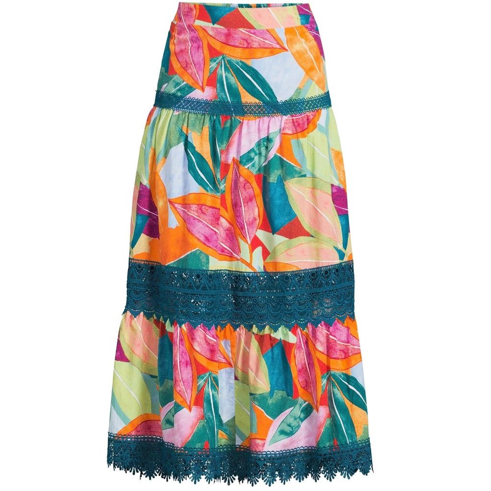 Time and Tru Women’s Tiered Maxi Skirt w Lace Trim Size XS Med Tropical NWT